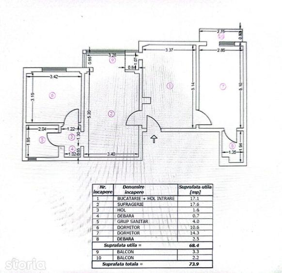 Apartament cu 3 camere decomandat, mobilat în Tineretului