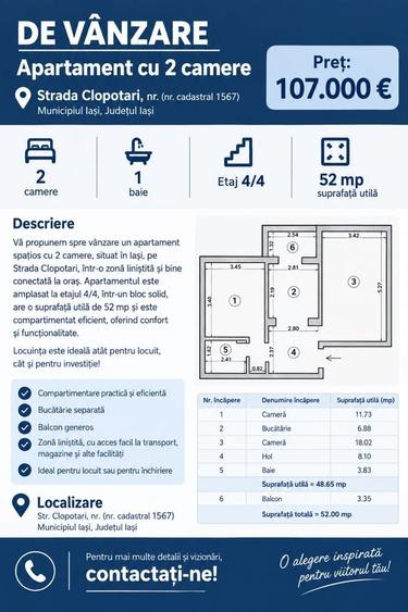 Apartament cu 2 camere decomandat în Central