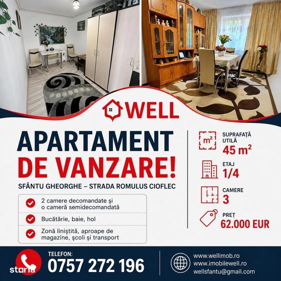 Apartament cu 3 camere semidecomandat în Central