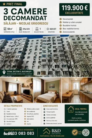 Apartament cu 3 camere decomandat, mobilat în Sălăjan — fotografia 3