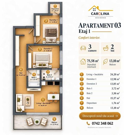 Apartament cu 3 camere decomandat în Central