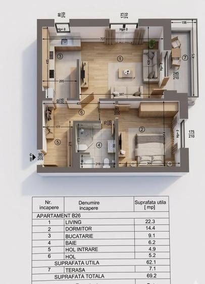 Apartament cu 2 camere decomandat, mobilat în Tunari