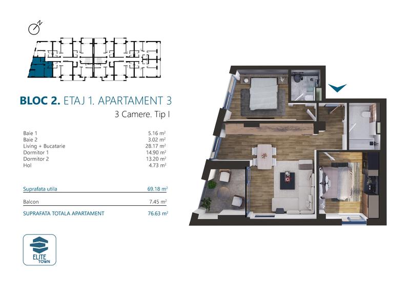 Elite Town Timisoara - Apartament 3 camere | TORONTALULUI - METRO 2 - 3