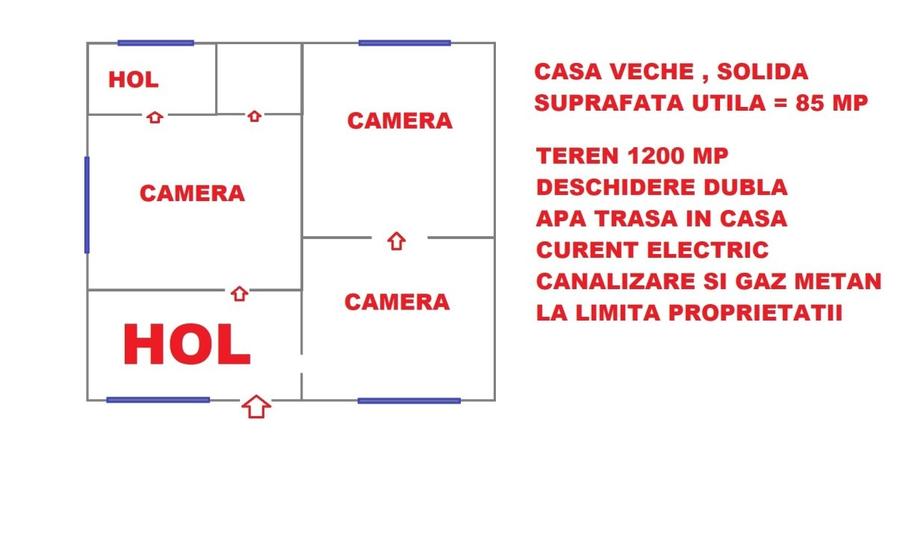 Casă individuală cu 3 camere cu Canalizare în Central