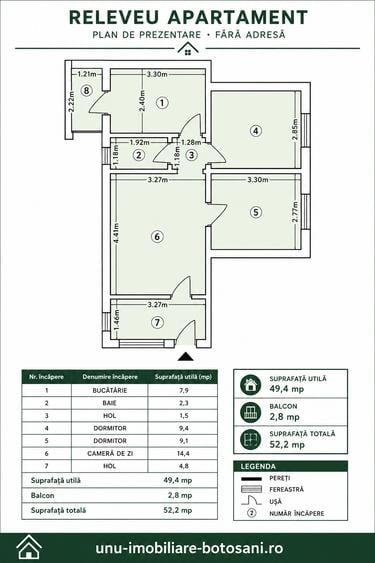 Apartament cu 3 camere semidecomandat în Central