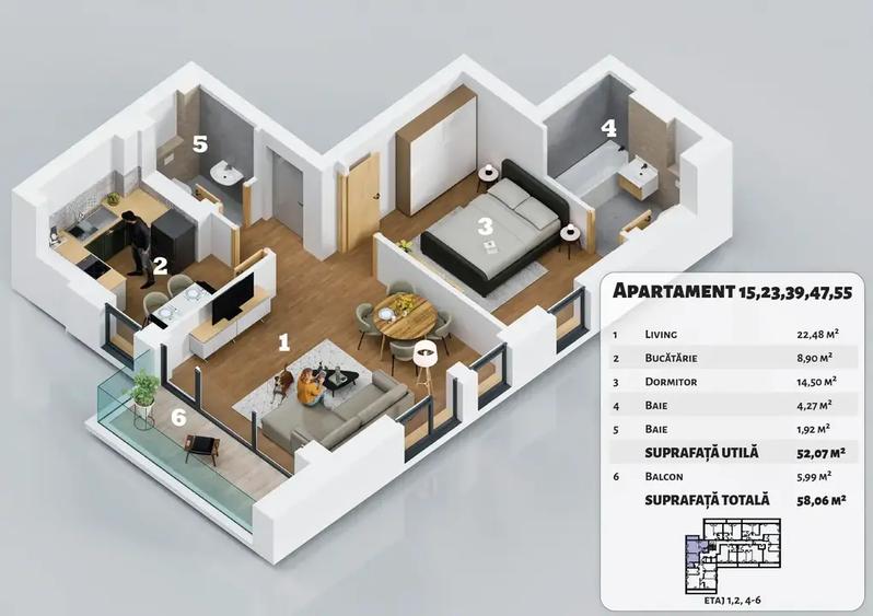 Apartament cu 2 camere semidecomandat în Titan