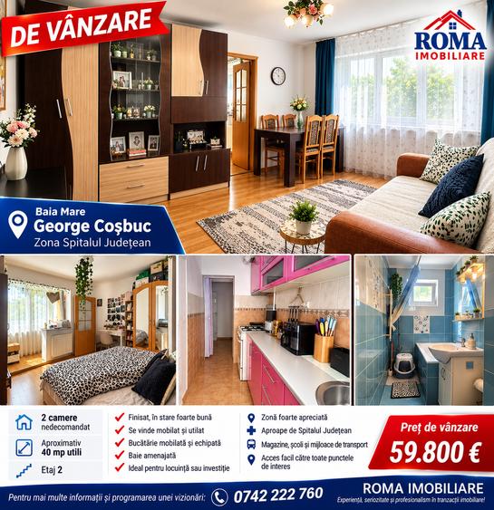 Apartament 2 camere de vânzare – George Coșbuc, Baia Mare Etaj 2 Aproape de VIVO - 1