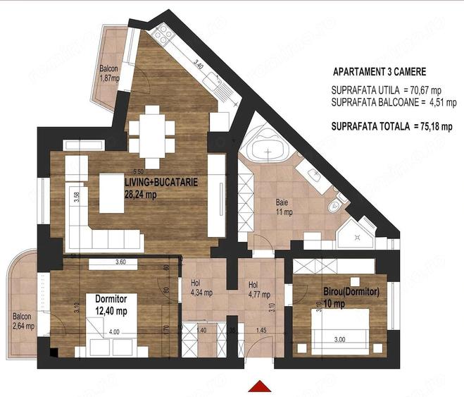 Apartament cu 3 camere decomandat în Tineretului