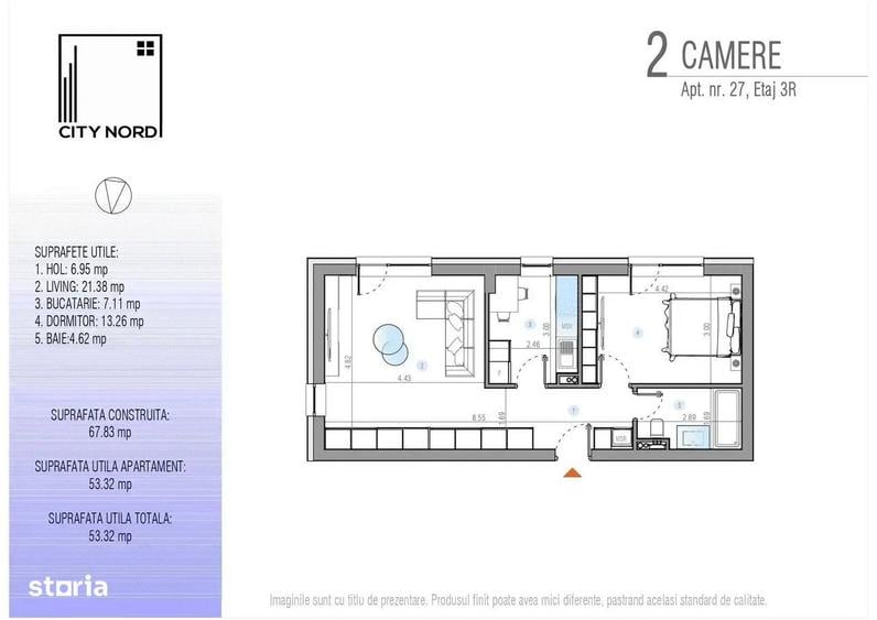Apartament 2 camere ideal investitie, 53 mp utili, Etaj retras - 3