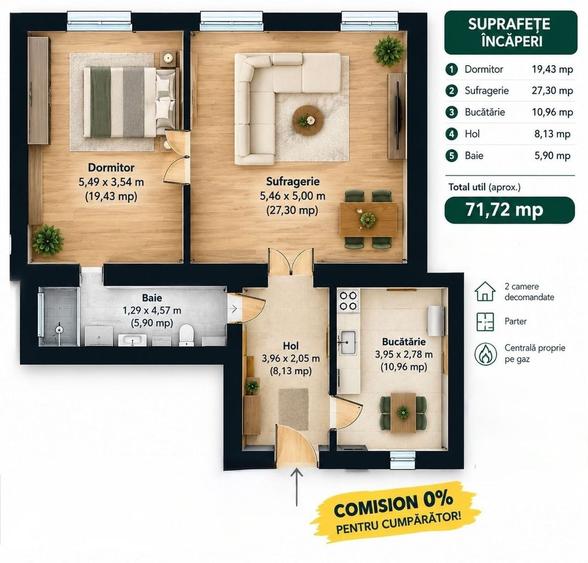 Apartament cu 2 camere semidecomandat în Central