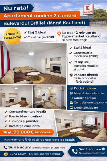 Apartament 2 camere, 57 mp, etaj 2, bloc 2018 Brailei (Kaufland) - 1