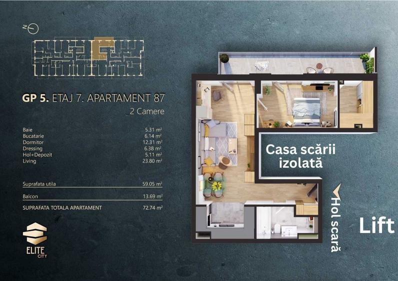PF Apartament 2 camere, CF,finisat 60mp terasa garaj, view Elite City - 4
