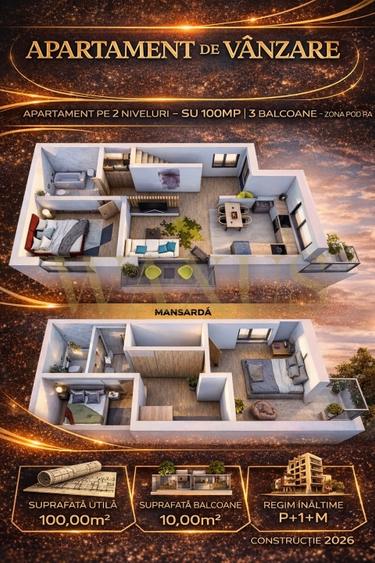 Apartament pe 2 Niveluri - SU 100MP I 3 Balcoane - zona Pod IRA - 1