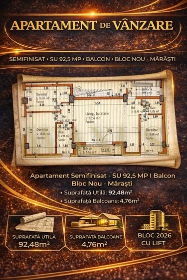 Apartament Semifinisat - SU 92,5MP I Balcon I Bloc Nou - Marasti - 1