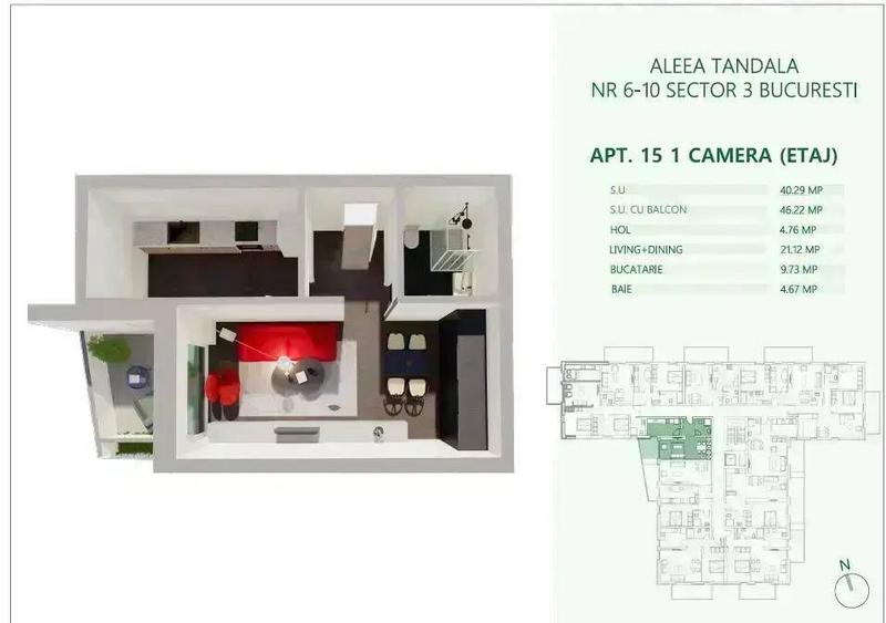 Garsoniera 46,22mp cu balcon | Metrou Mihai BravuI COMISION 0 % - 1