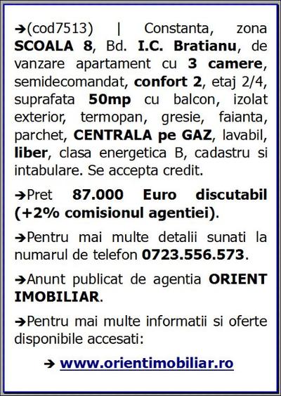 Scoala 8, I.C. Bratianu, 3 camere, etaj 2, gaze, vanzari Constanta - 7
