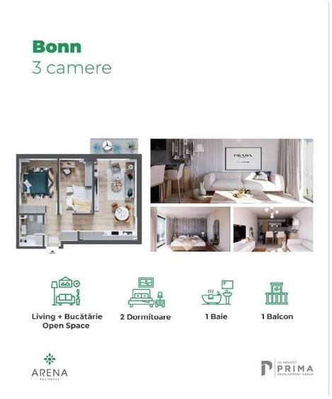 Apartament cu 3 camere nou tip Bonn de vanzare in Prima Arena - 2