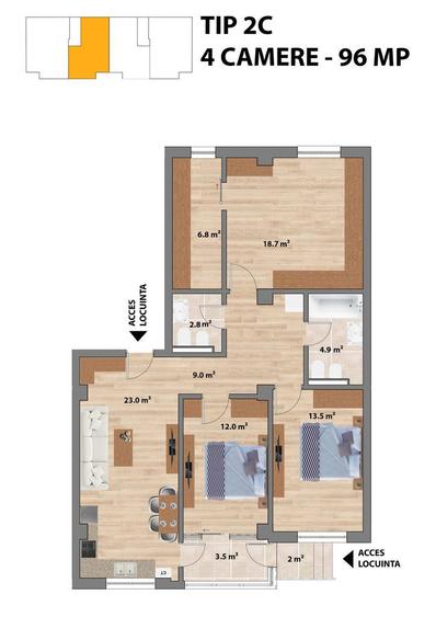 Sun Residence - Ap Nou - 4 camere-96 Mp - Gradina 43 Mp - Intabulat - 1