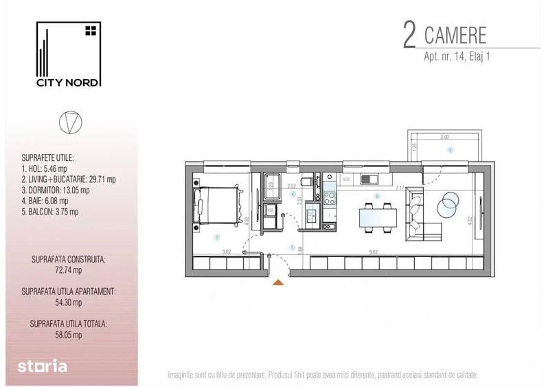 Apartament 2 camere luminos, Etaj 1, 54 mp utili, CITYNORD Eminescu 51 - 2