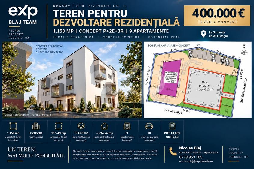 Teren Construcții intravilan de 1158 mp, în Centrul Civic