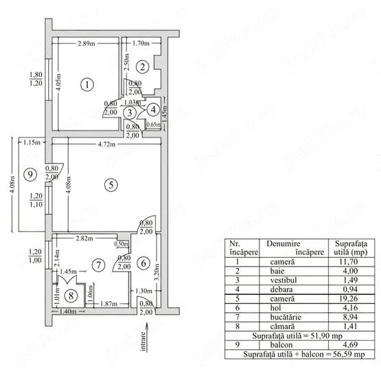 Apartament cu 2 camere semidecomandat în 9 Mai