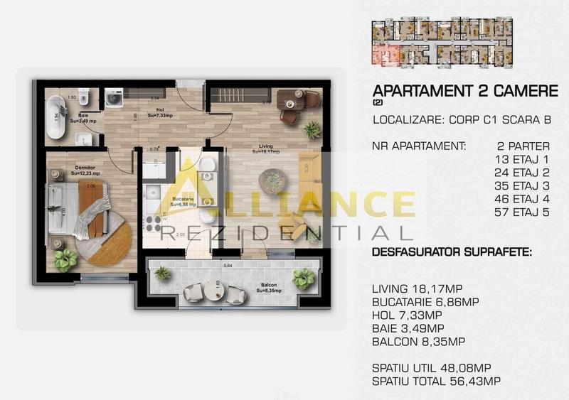 Apartament cu 2 camere decomandat în Central