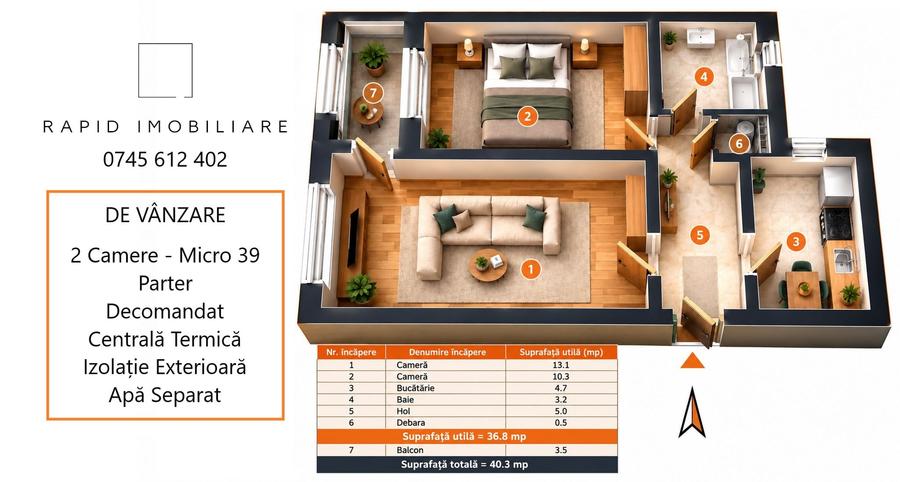 Apartament cu 2 camere decomandat în Central