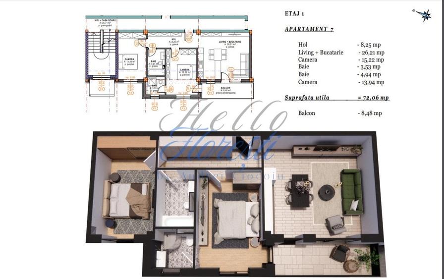 Apartament 2 camere 46 mp cu terasa 10.33mp, zona Terra Gardens, Chinteni - 1