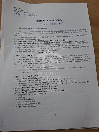Teren Construcții intravilan de 2500 mp, în Cornetu