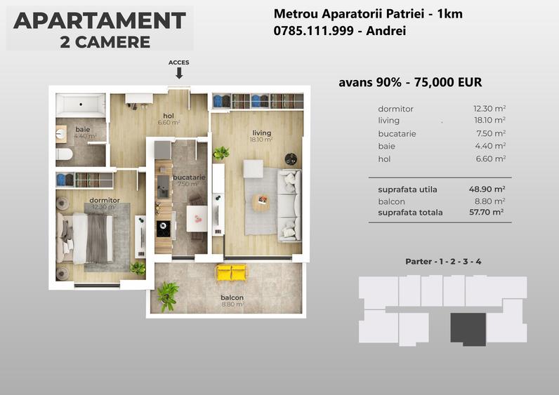 Metrou Aparatorii Patriei - 12 min - 3 camere 2 bai 84mp - 7