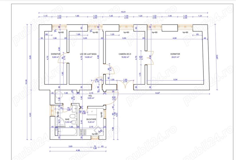 Apartament cu 3 camere semidecomandat în Ultracentral