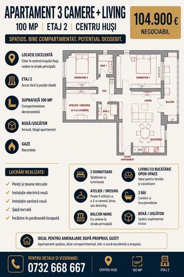 Apartament cu 4 camere decomandat în Central