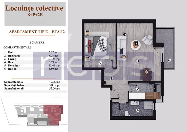 Apartament cu 2 camere decomandat în Jiului