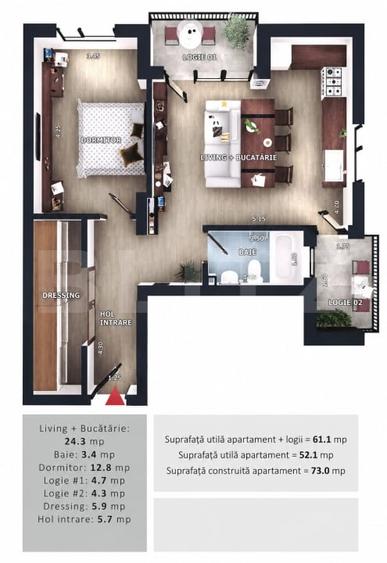 Apartament cu 2 camere semidecomandat în Florești
