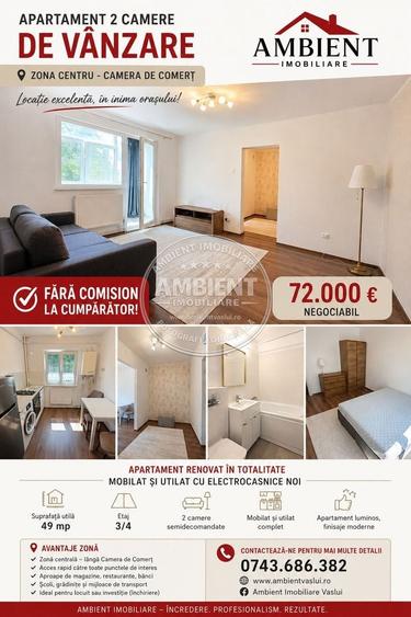 Apartament cu 2 camere semidecomandat, mobilat în Central