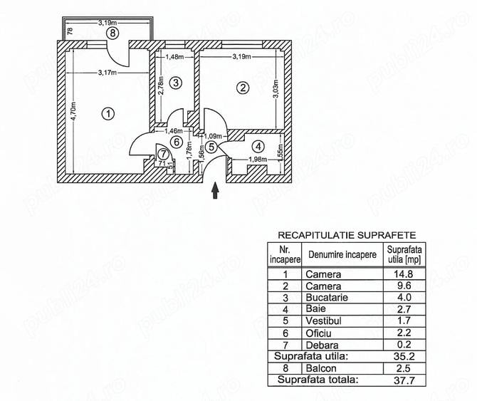 Apartament cu 2 camere decomandat în Central