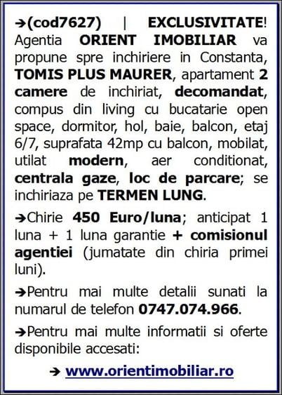 Tomis Plus Maurer, de inchiriat 2 camere, mobilat, gaze, loc de parcare - 8