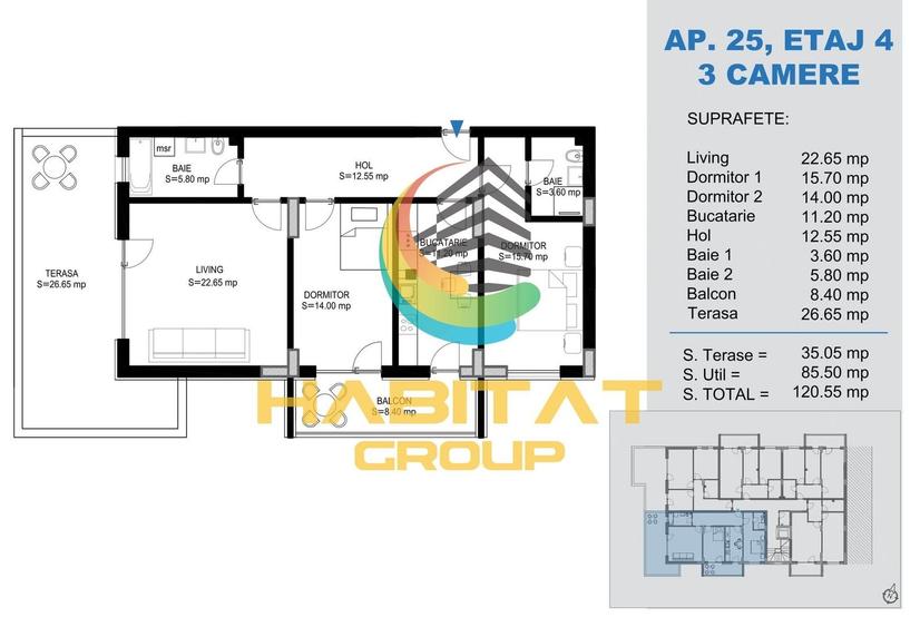 Pallady 3 camere 85 mp + terasa 35 mp - 15 min. metrou Teclu - 2