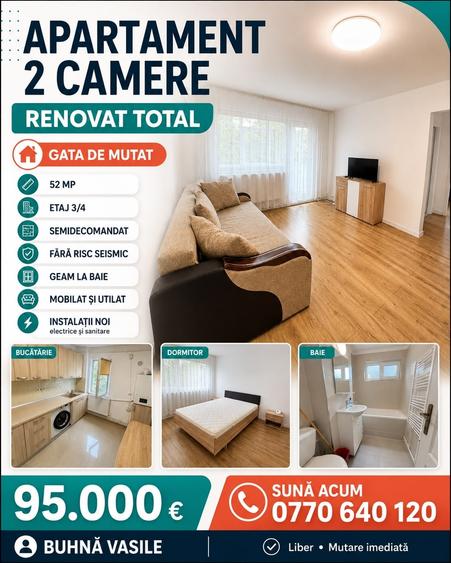 Apartament cu 2 camere semidecomandat în Podu Roș