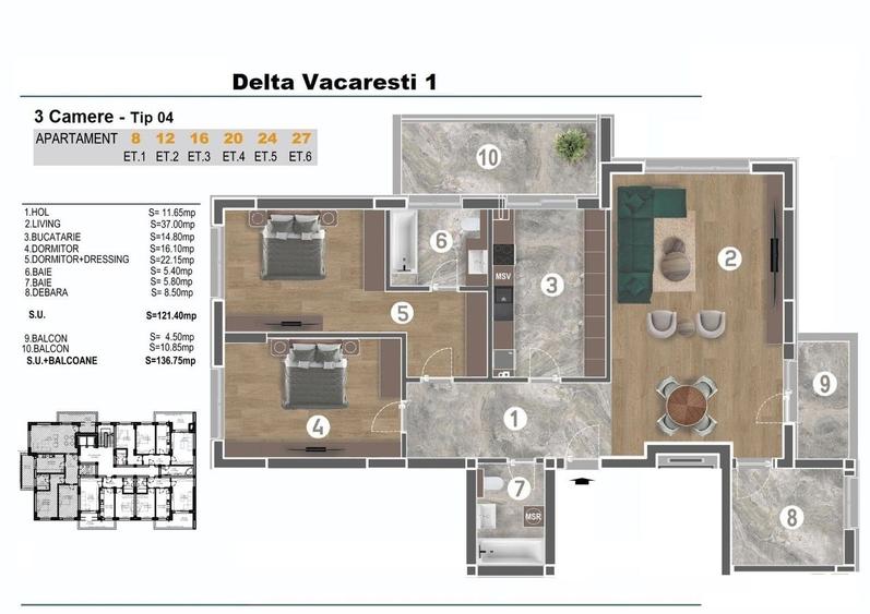 Apartament cu 3 camere decomandat, mobilat în Tineretului