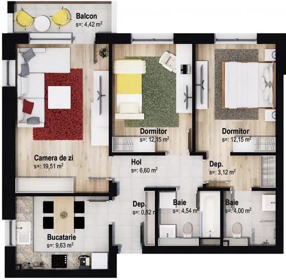 Apartament 3 camere, 2 bai,  Tractorul, decomandat, bloc 2023, loc de parcare - 1