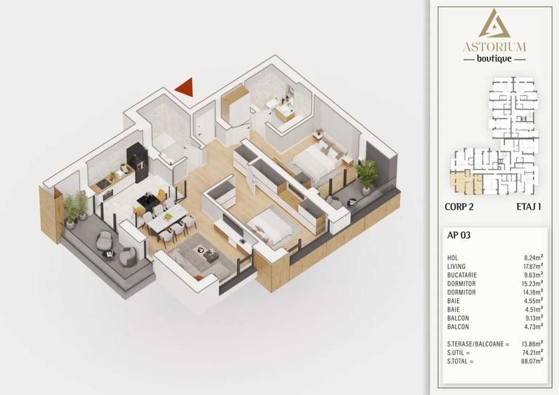 Apartament cu 3 camere nedecomandat în Cățelu