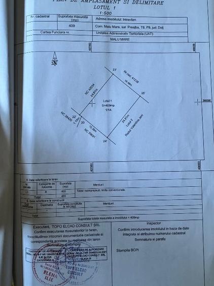 Teren Construcții intravilan de 409 mp, în Malu Mare