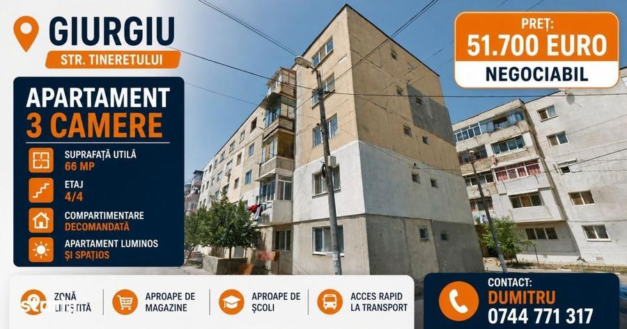 Giurgiu, Apartament cu 3 camere - 66 mp - ETAJ 4 - str. Tineretului - 2