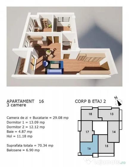 Apartament cu 3 camere semidecomandat în Central