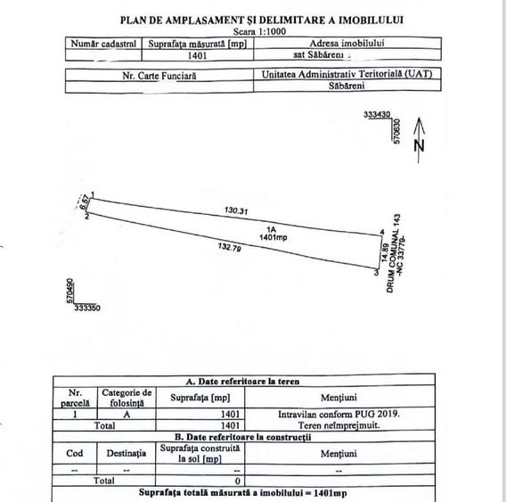 Teren intravilan 1401 mp – Săbăreni (DC143A) – deschidere 14,89 m – utilități - 1