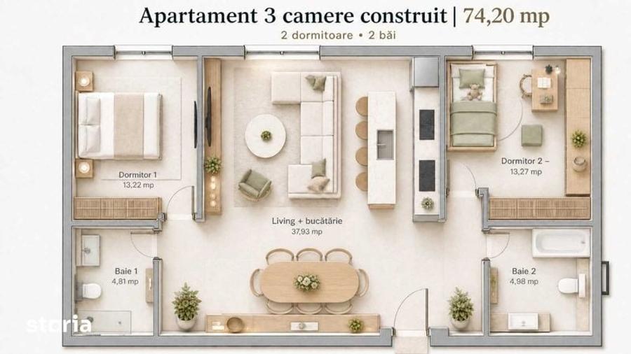 Apartament cu 3 camere în Cetății