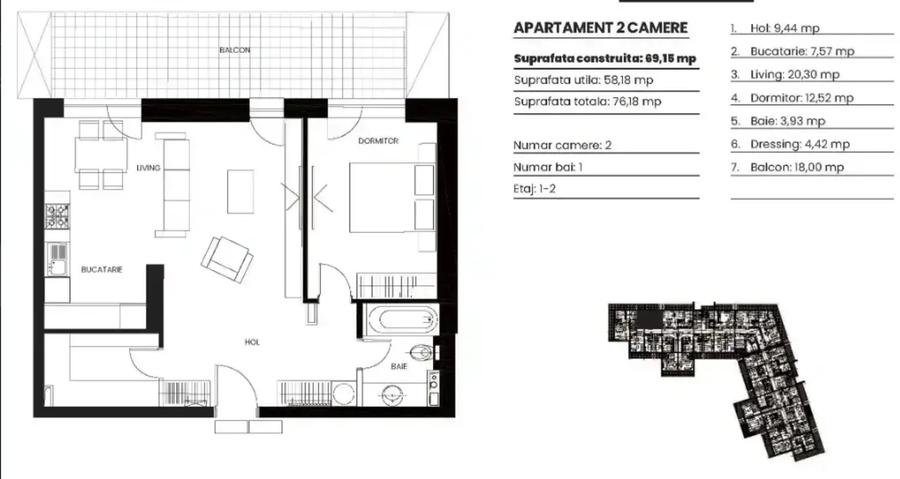 Apartament cu 2 camere semidecomandat în Pipera