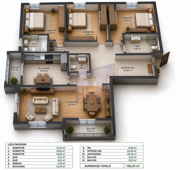 Apartament cu 4 camere decomandat, mobilat în Tei
