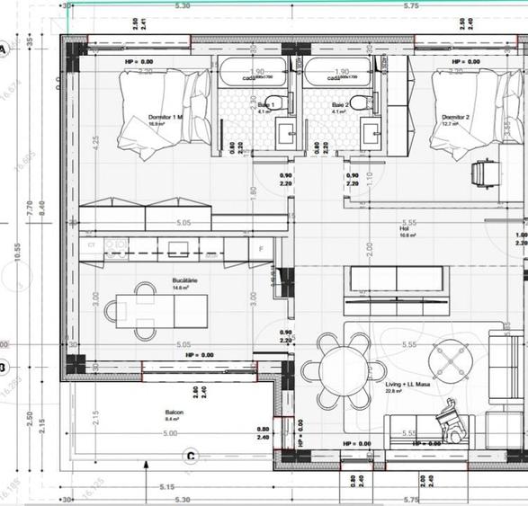 Apartament cu 3 camere semidecomandat în Faleza Nord